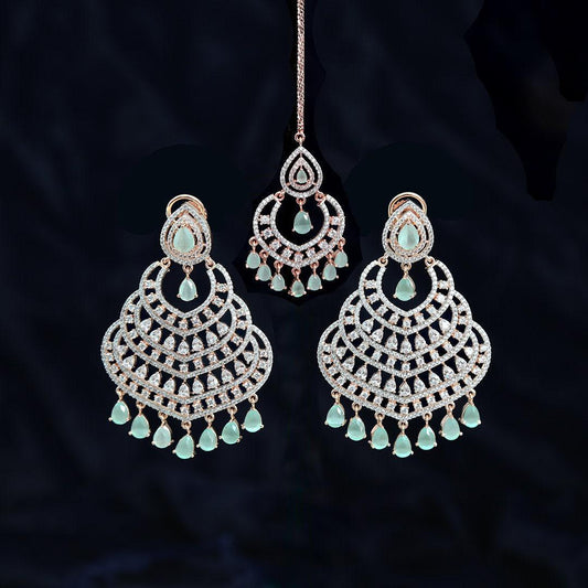 Exceptional Quality Rose Gold Chandbali Chandelier Earrings Maang tikka combo Bollywood Celebrity Jewelry
