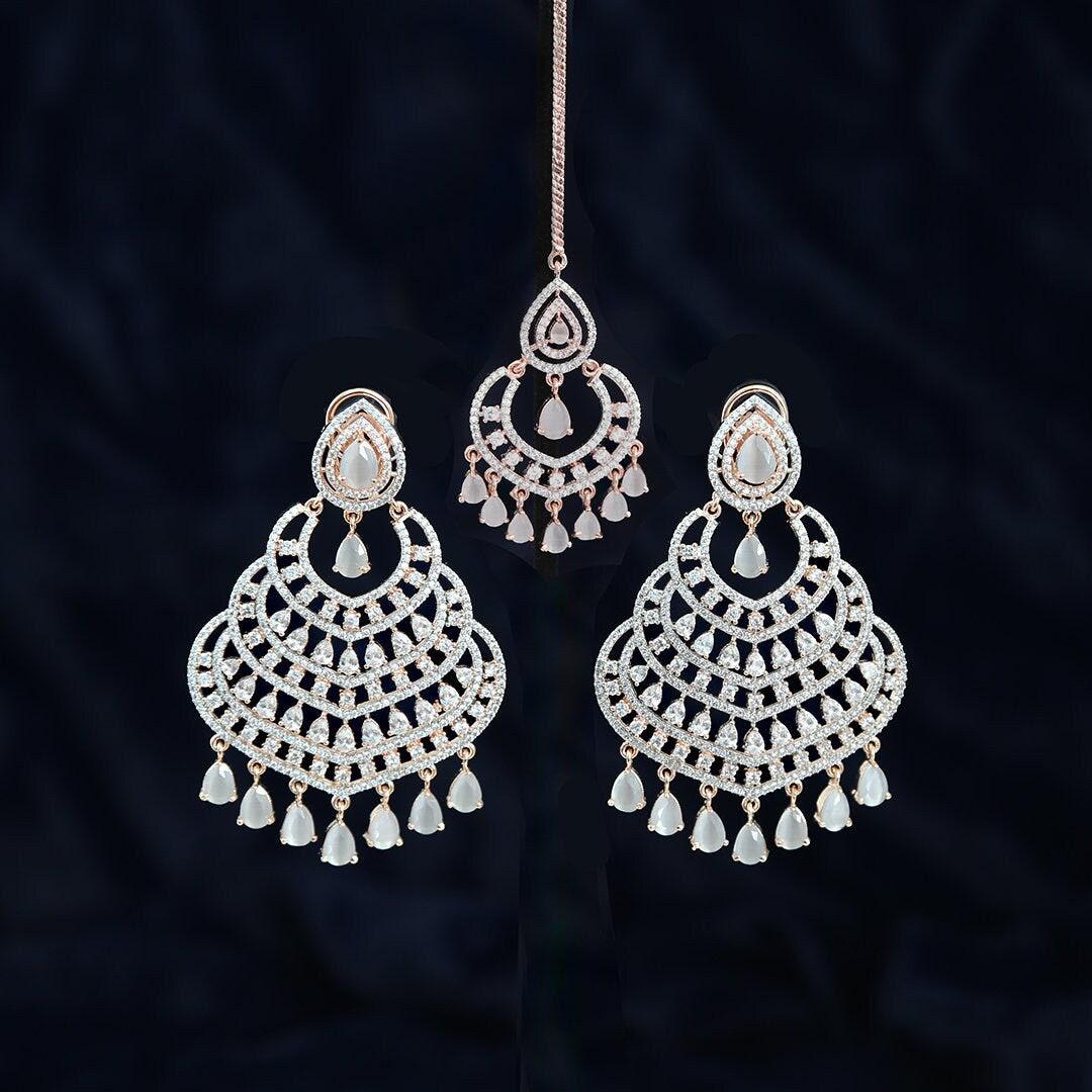 Exceptional Quality Rose Gold Chandbali Chandelier Earrings Maang tikka combo Bollywood Celebrity Jewelry