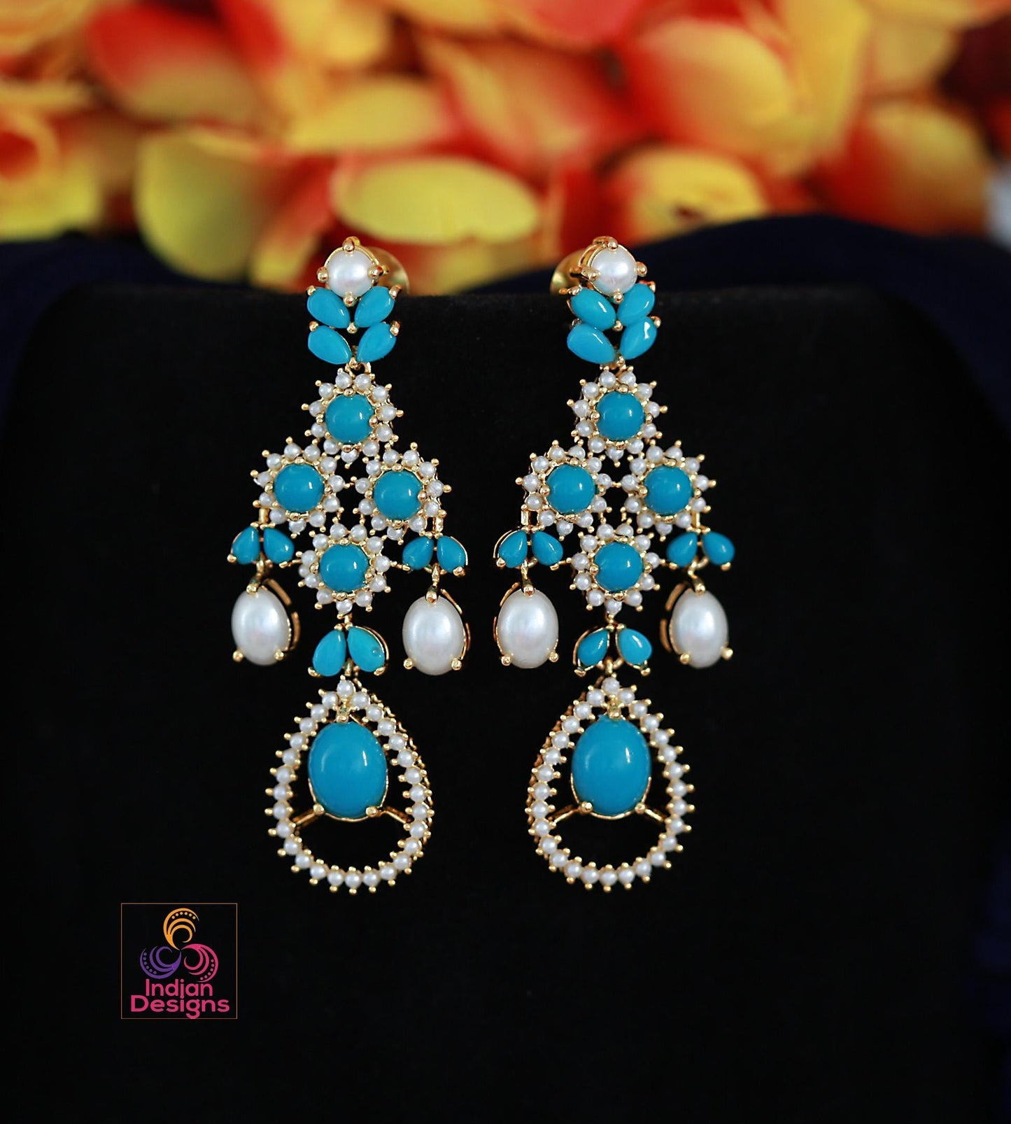 Designer pearl chandelier earrings| statement bridal long earrings| indian festive dangler earrings| multiple color options| gift for her