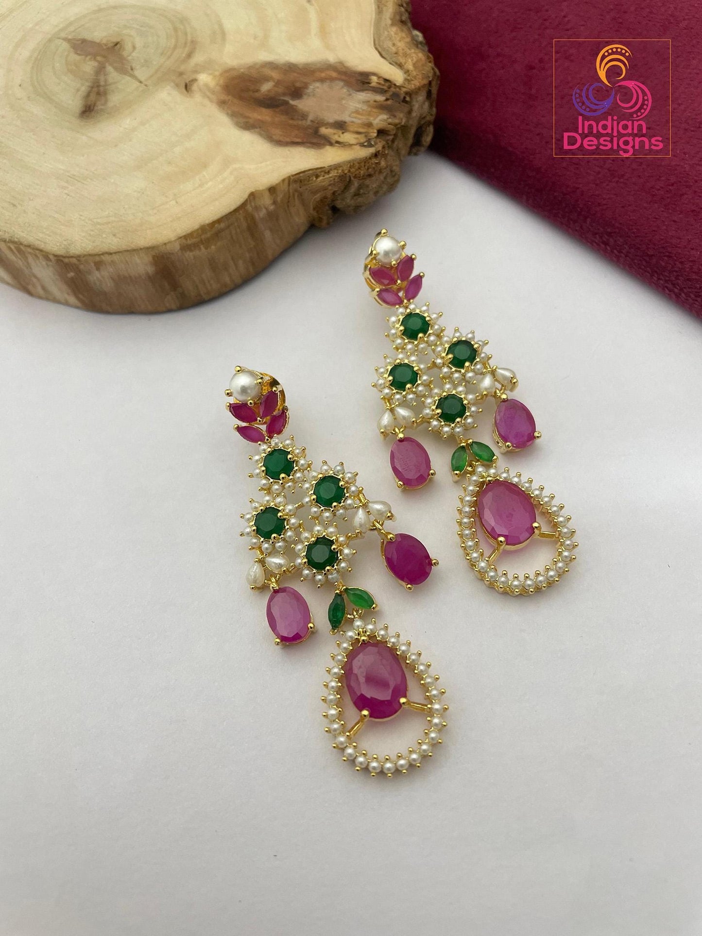 Ruby, emerald and Pearl chandelier earrings