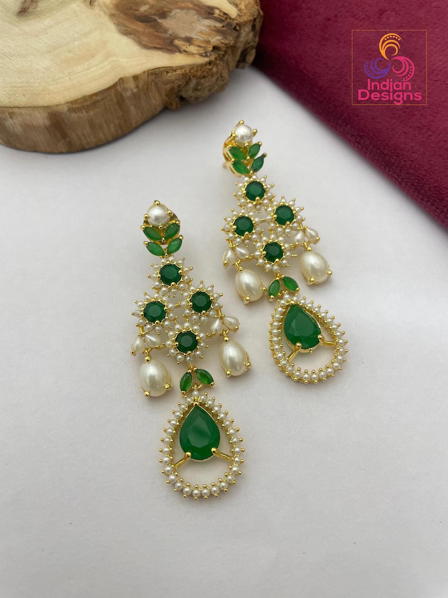 CZ Emerald stone and pearl chandelier Earrings