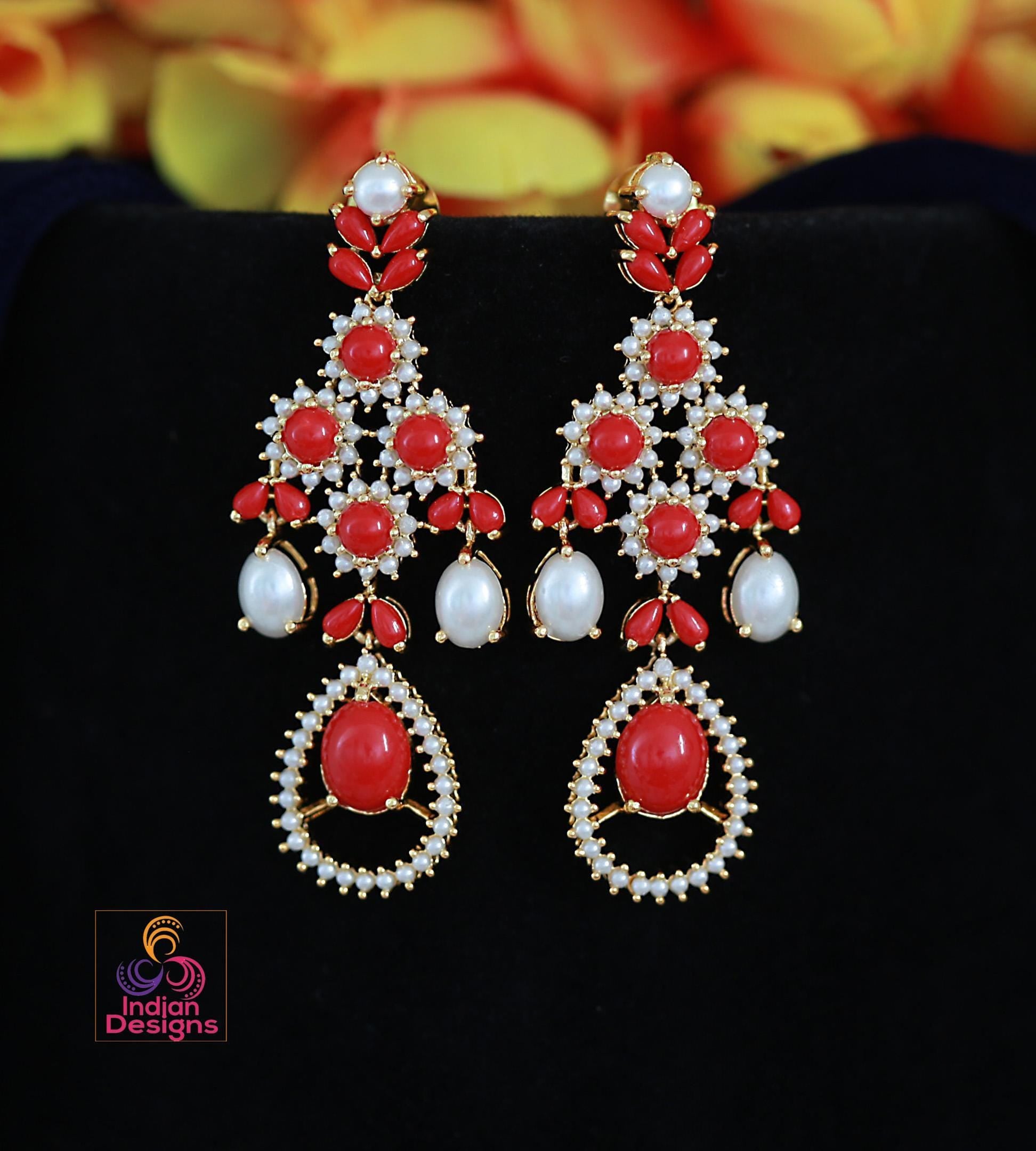 Designer pearl chandelier earrings| statement bridal long earrings| indian festive dangler earrings| multiple color options| gift for her