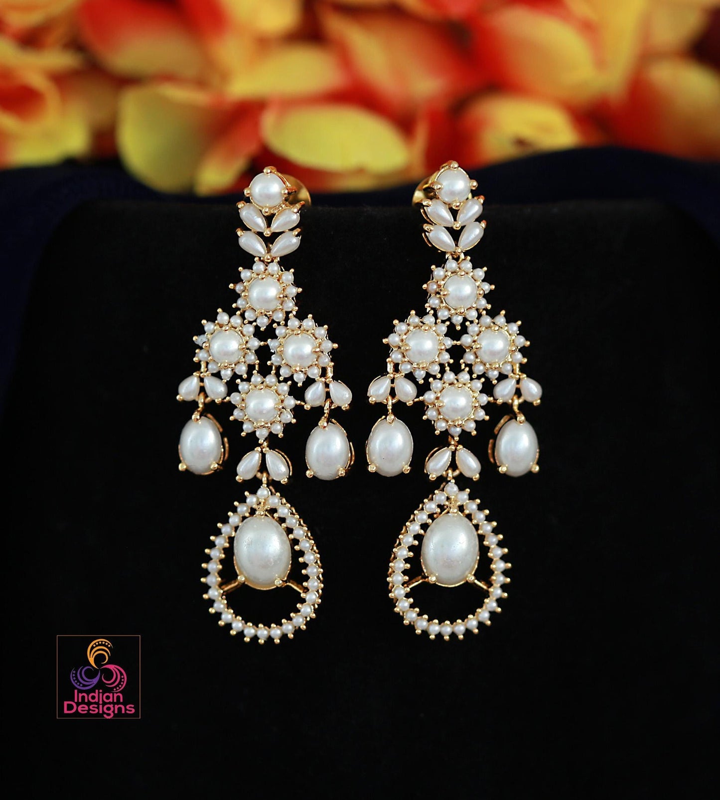 Designer pearl chandelier earrings| statement bridal long earrings| indian festive dangler earrings| multiple color options| gift for her