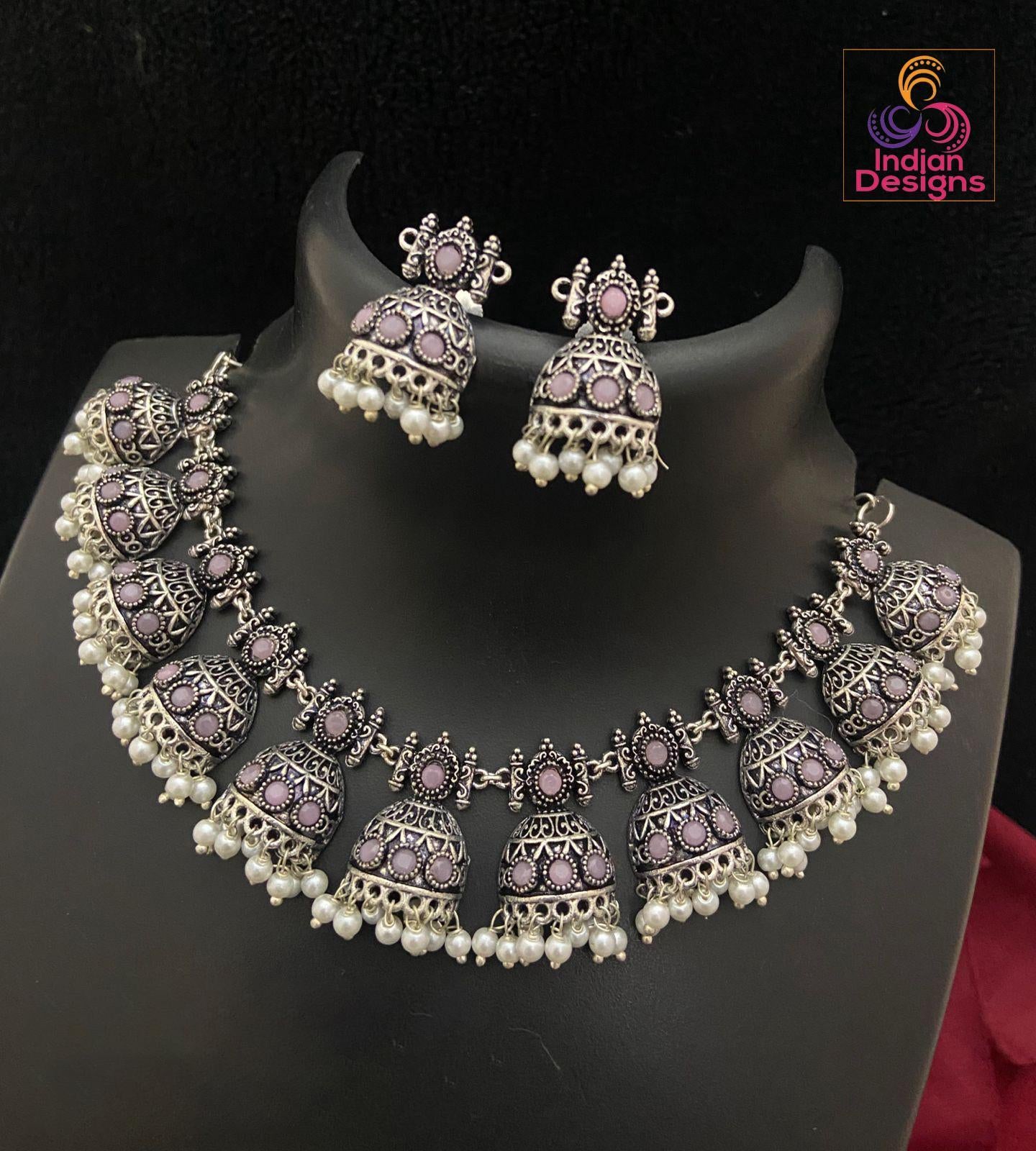 Silver Oxidized Skyblue stone German Silver necklace with Jhumka Earrings |Stone Studded Jhumki Necklace with faux pearl drops |Gift for her