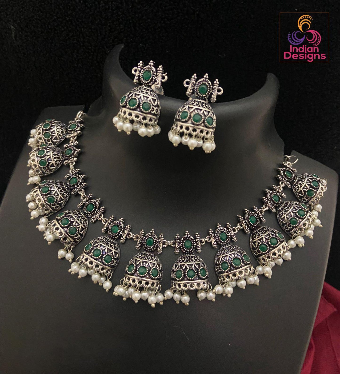 Silver Oxidized Skyblue stone German Silver necklace with Jhumka Earrings |Stone Studded Jhumki Necklace with faux pearl drops |Gift for her