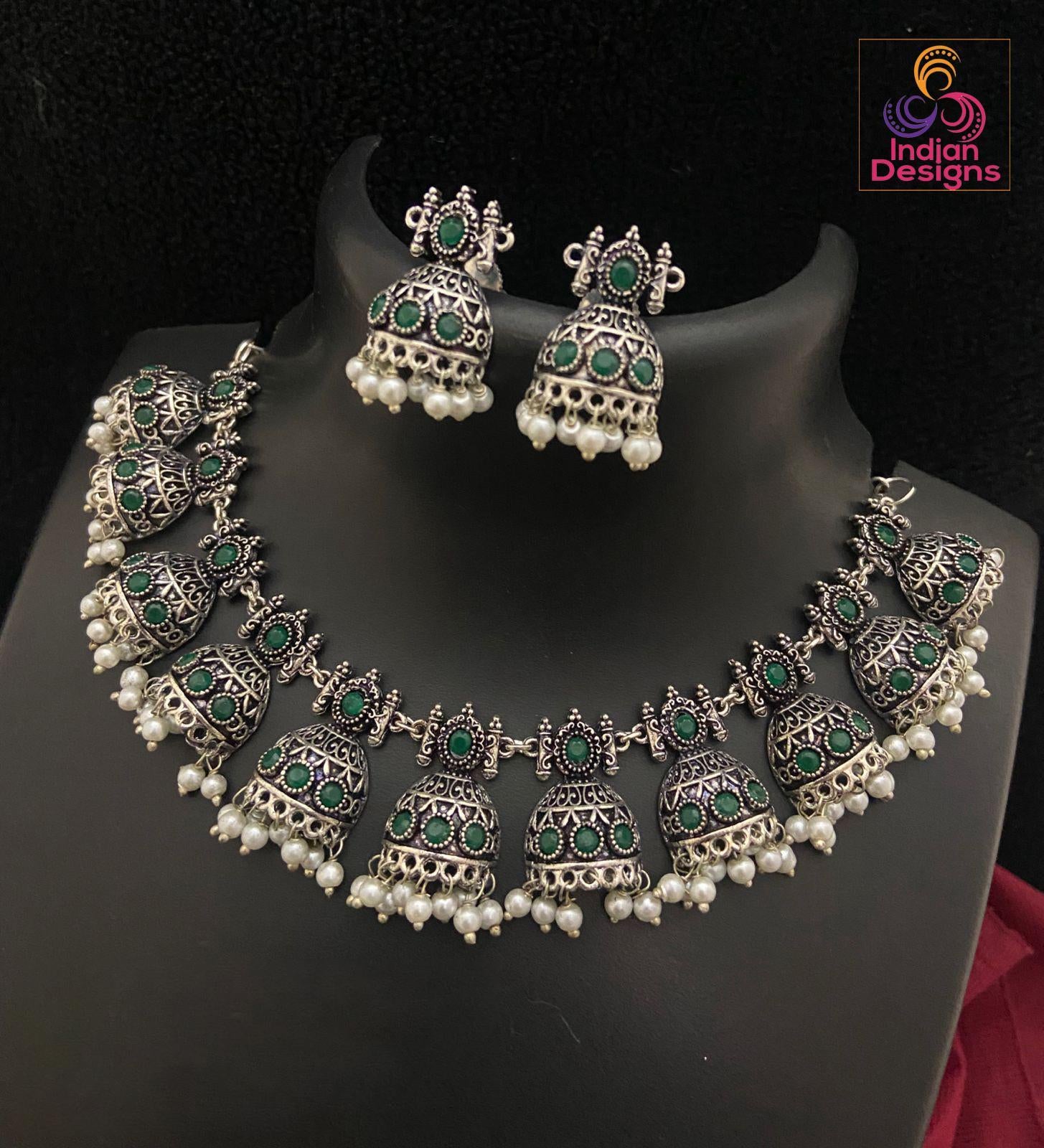 Silver Oxidized Skyblue stone German Silver necklace with Jhumka Earrings |Stone Studded Jhumki Necklace with faux pearl drops |Gift for her