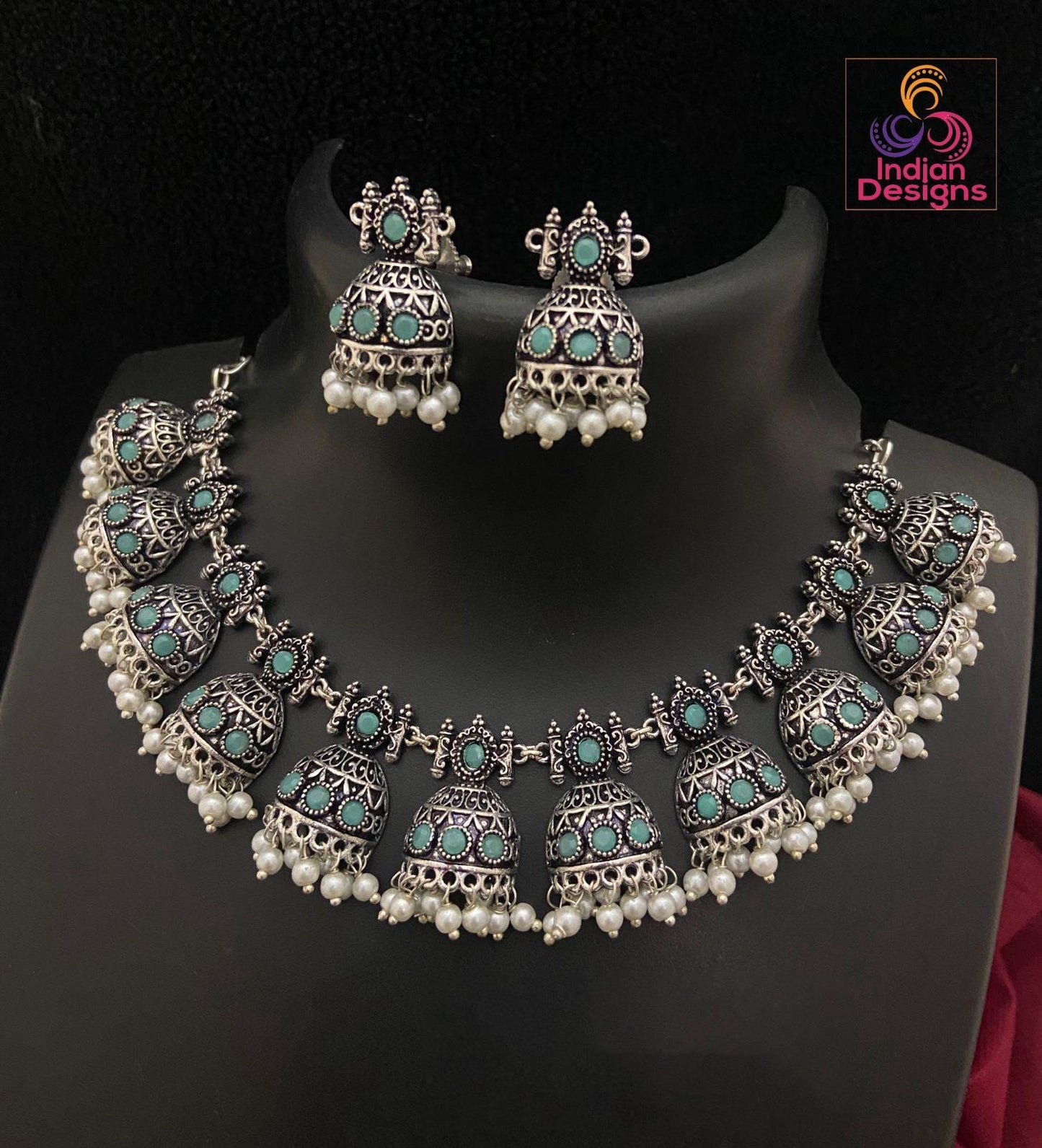 Silver Oxidized Skyblue stone German Silver necklace with Jhumka Earrings |Stone Studded Jhumki Necklace with faux pearl drops |Gift for her