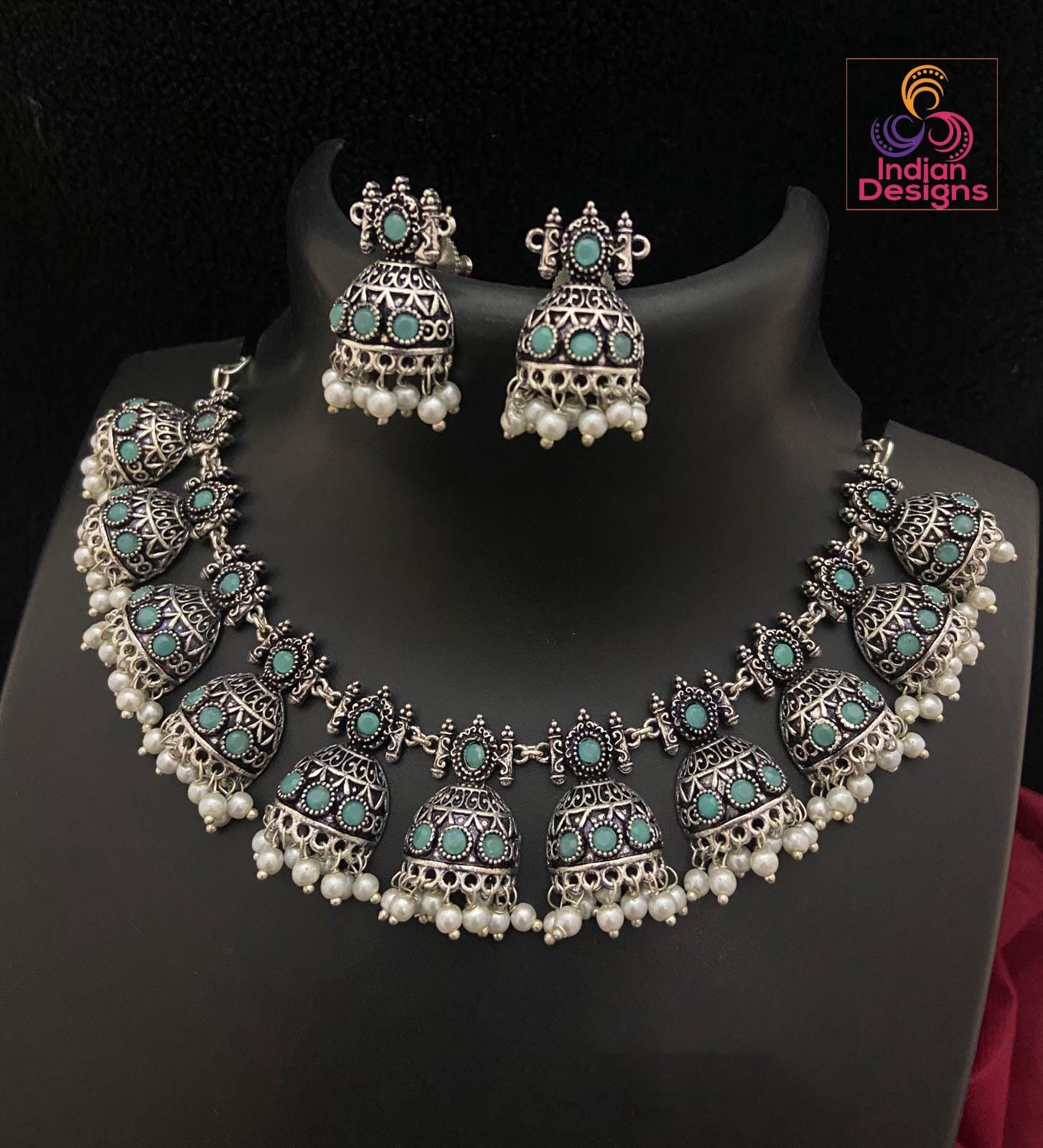 Silver Oxidized Skyblue stone German Silver necklace with Jhumka Earrings |Stone Studded Jhumki Necklace with faux pearl drops |Gift for her
