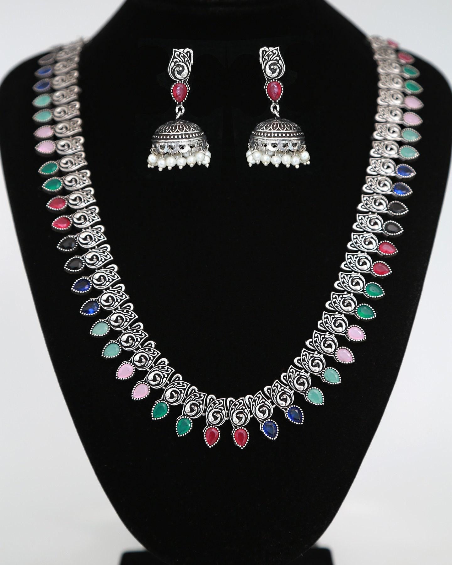 Oxidized Silver Long Haram set with Jhumka & Nose Pin | German Silver Long necklace Jhumka Jhumki | Indian Tribal jewelry | Wedding necklace