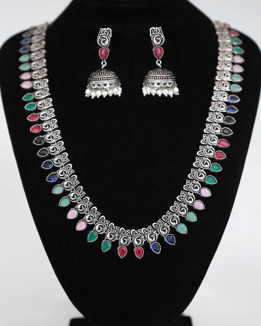 Oxidized Silver Long Haram set with Jhumka & Nose Pin | German Silver Long necklace Jhumka Jhumki | Indian Tribal jewelry | Wedding necklace