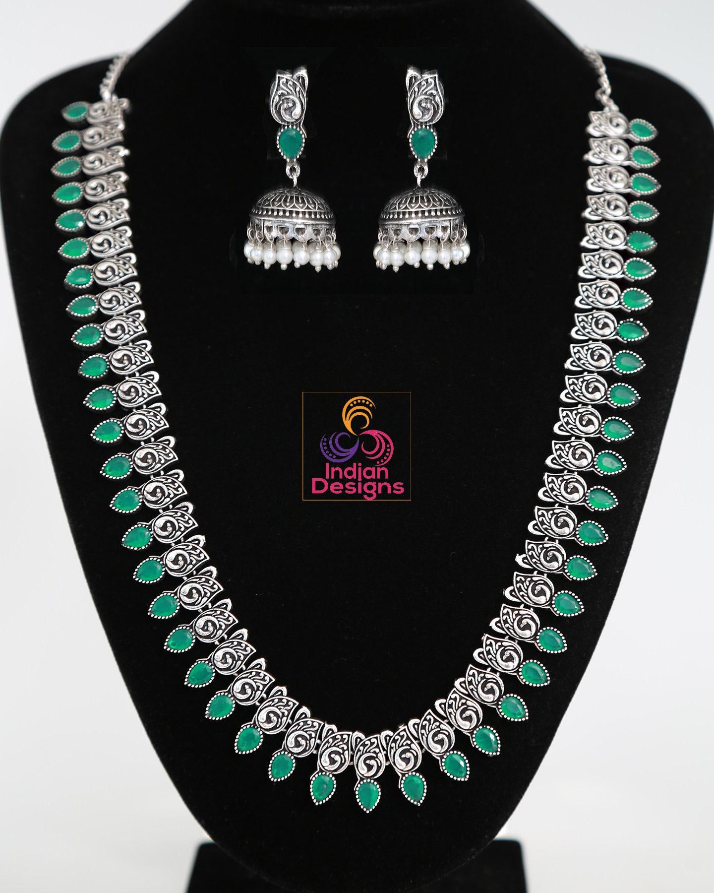 Oxidized Silver Long Haram set with Jhumka & Nose Pin | German Silver Long necklace Jhumka Jhumki | Indian Tribal jewelry | Wedding necklace