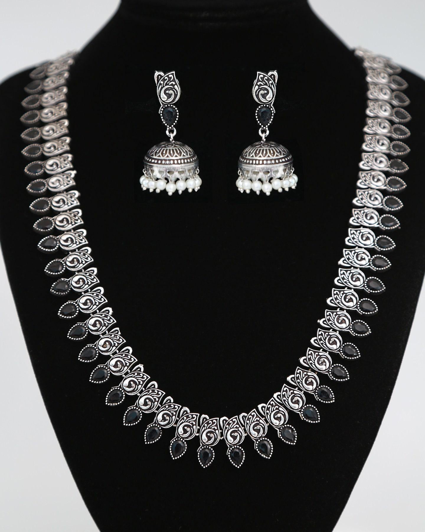 Oxidized Silver Long Haram set with Jhumka & Nose Pin | German Silver Long necklace Jhumka Jhumki | Indian Tribal jewelry | Wedding necklace