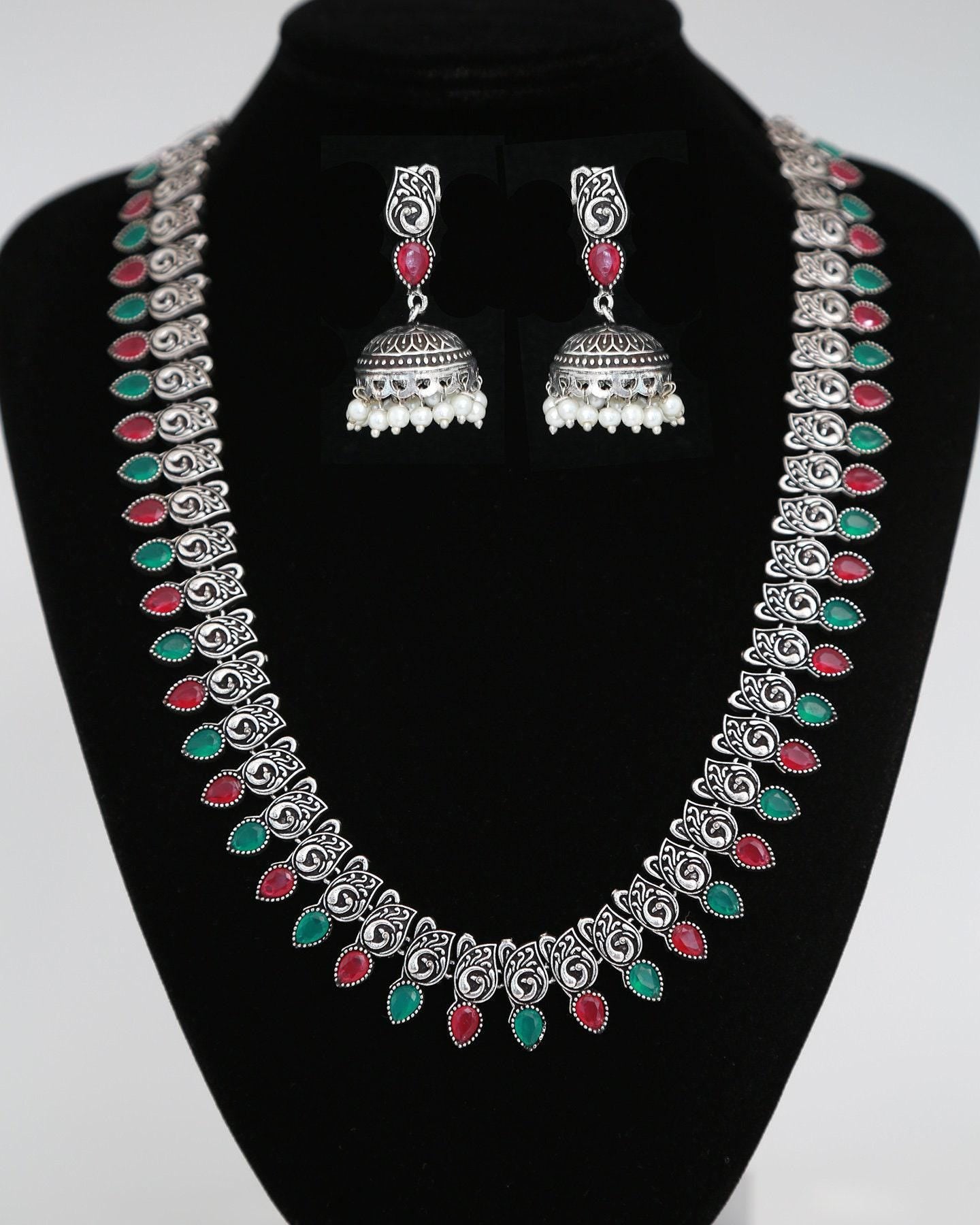 Oxidized Silver Long Haram set with Jhumka & Nose Pin | German Silver Long necklace Jhumka Jhumki | Indian Tribal jewelry | Wedding necklace