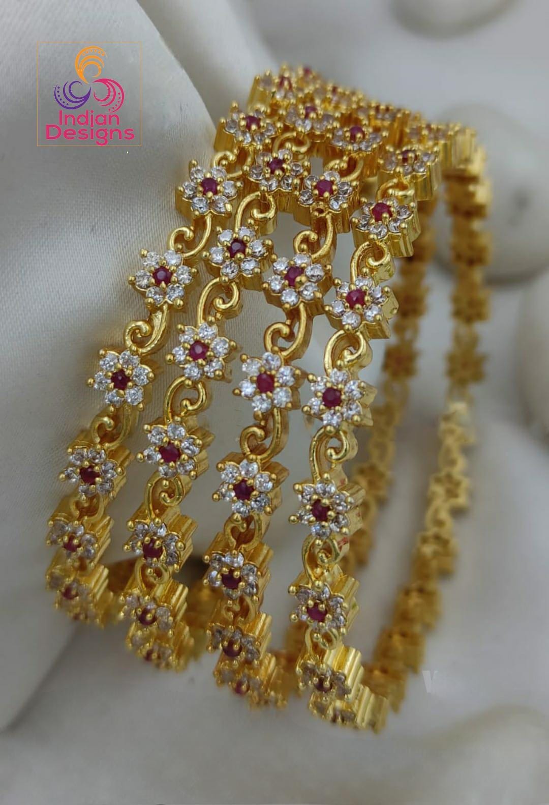 Gold Plated AD Bangles set with Ruby and white Stones| Flower design statement bangles - Set of 4PCS| Indian Jewelry Bracelet| Gift for her