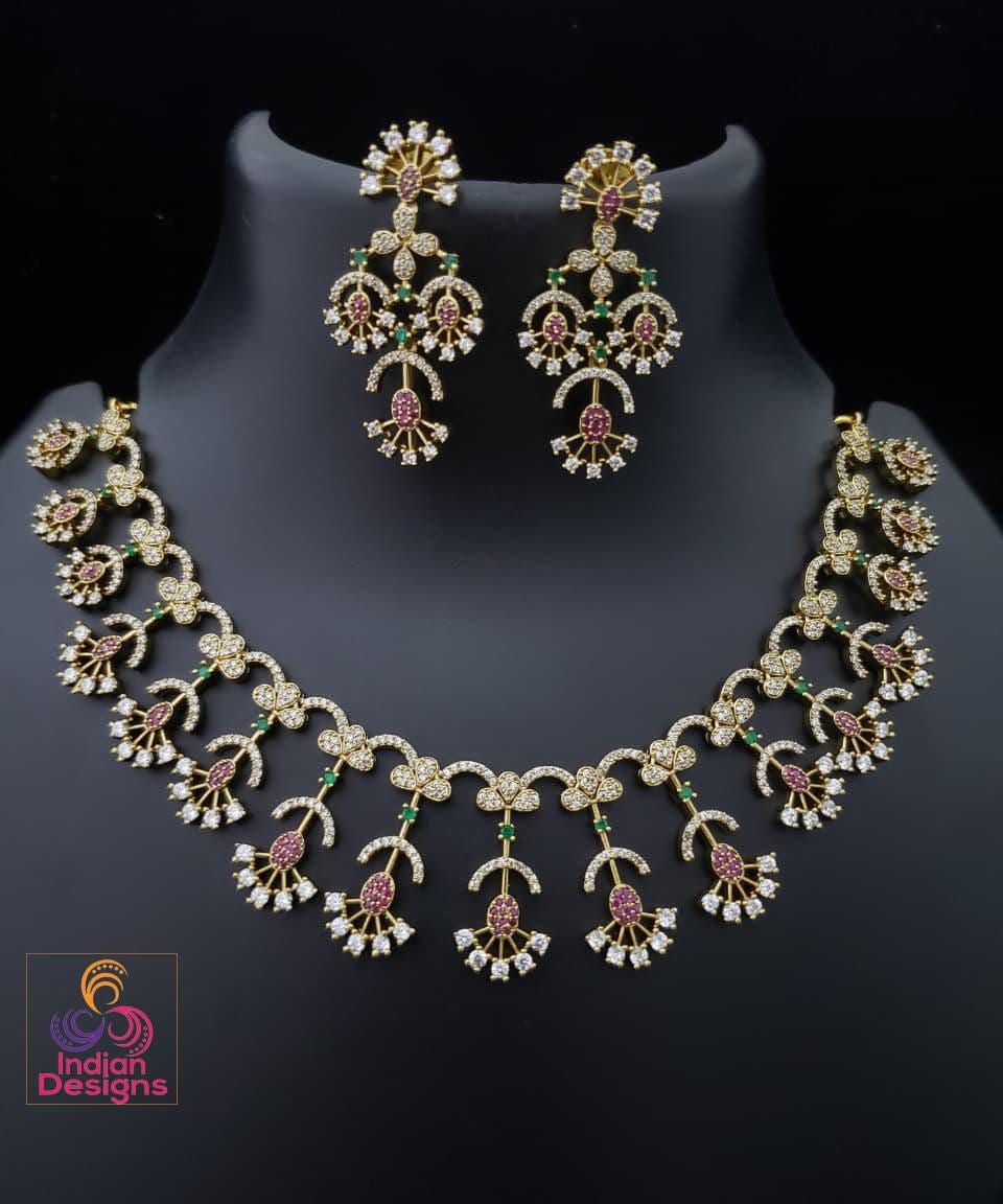 AD Choker Necklace Set with Earrings | Gold Finish CZ Jewelry | Ruby, Emerald & White Stone Choker | Indian Wedding Jewelry| Gift for her