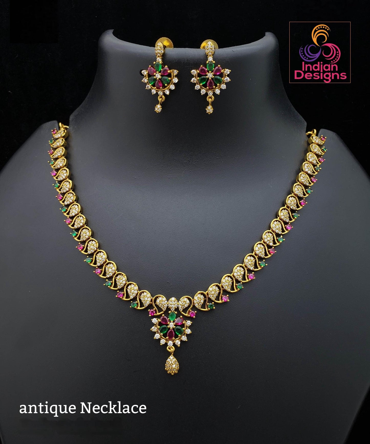 Antique gold ruby & green necklace earrings set| traditional ad stone choker| south indian wedding party wear jewelry set | gift for her