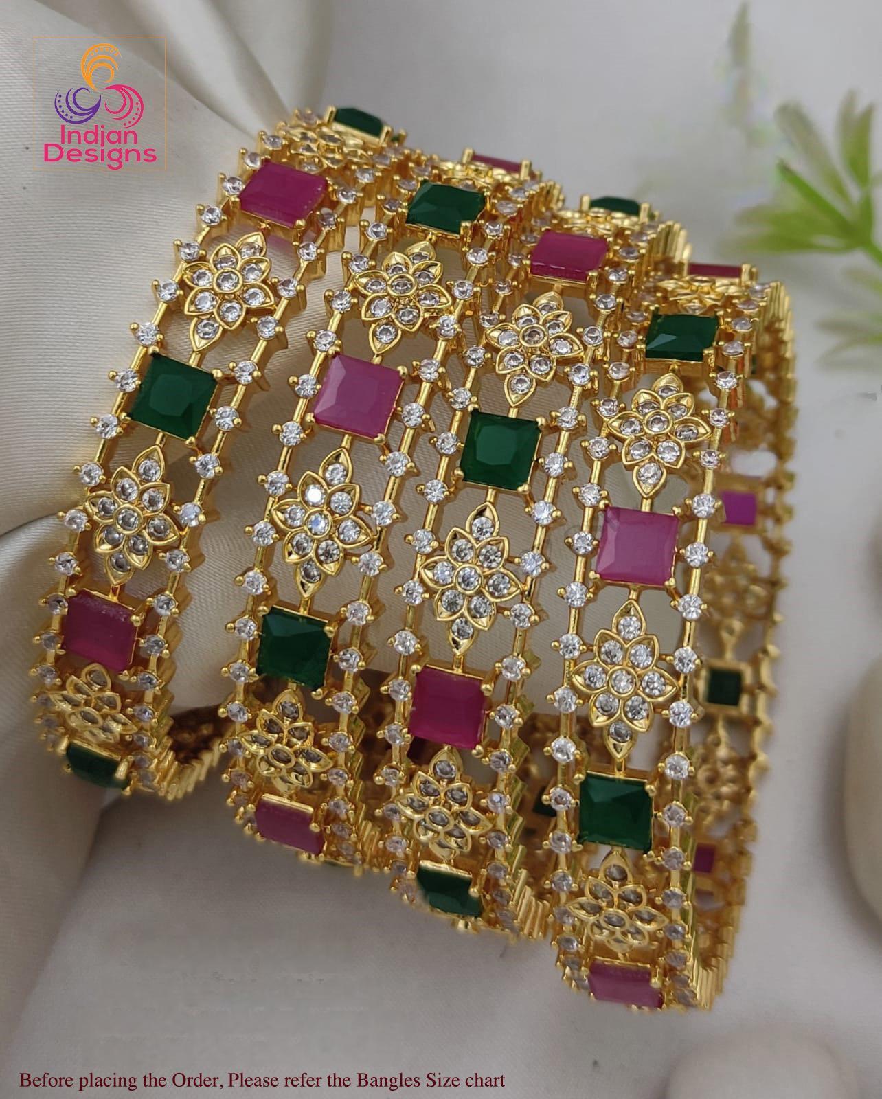 Gold plated bangles set| gold plated ruby emerald ad stone kada bracelets set of 4| traditional bridal party wear bangles| gift for her