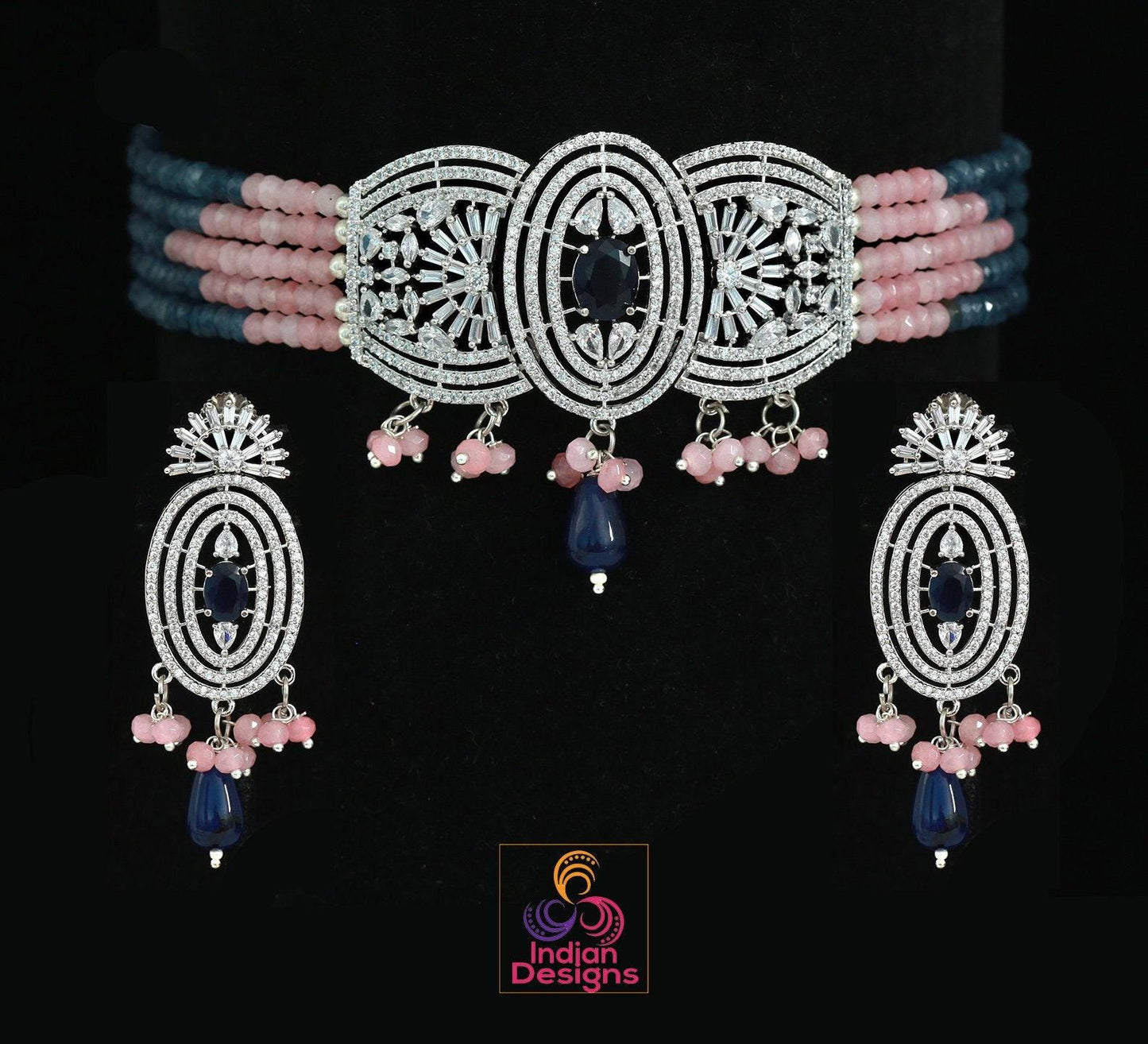 Cute silver CZ choker necklaces | American Diamond Indian Choker earring set | Pakistani choker Necklace | Indian wedding bridal Necklace