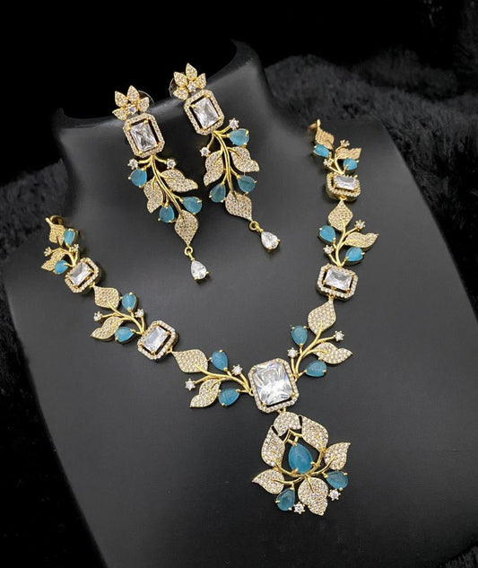 Unique Jewelry-Gold Plated American diamond flower & Leaf design necklace | Crystal necklace with Pear cut CZ Blue stones | Gift for Her