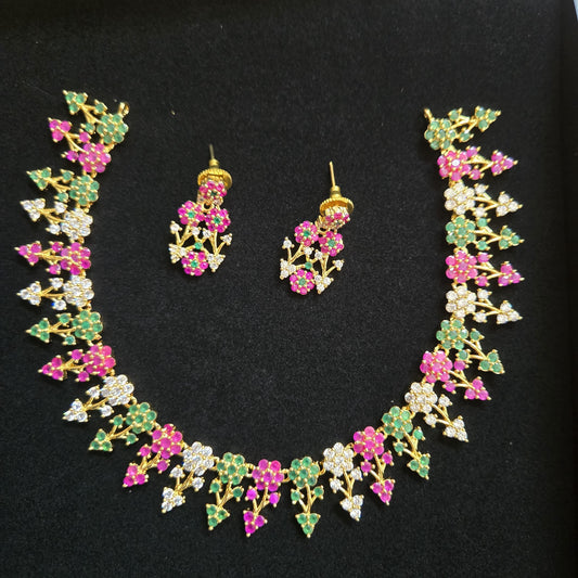 Designer necklaces | ruby emerald necklace indian designs | south indian necklace designs in floral design | gold tone necklace and earring