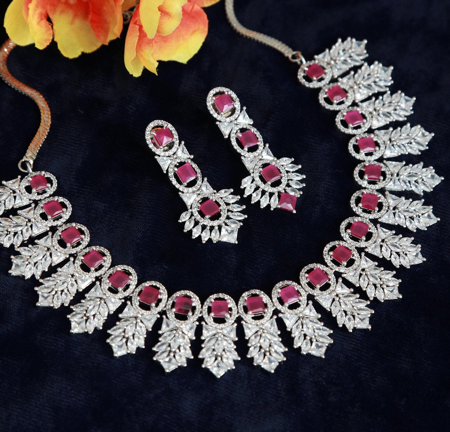 American Diamond Silver Plated Ruby and Crystal Necklace Set Bridal Statement Jewelry| Wedding choker necklace with Earrings| Gift For her