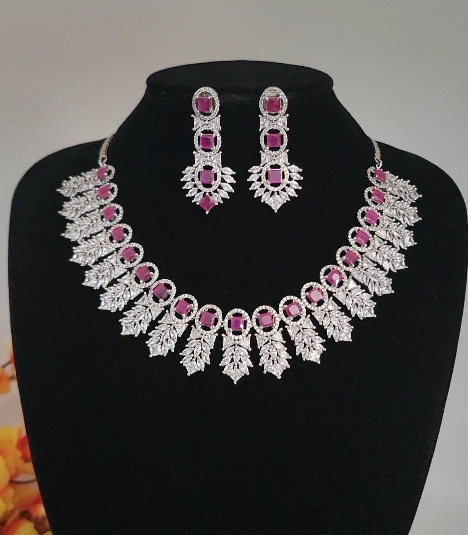 American Diamond Silver Plated Ruby and Crystal Necklace Set Bridal Statement Jewelry| Wedding choker necklace with Earrings| Gift For her
