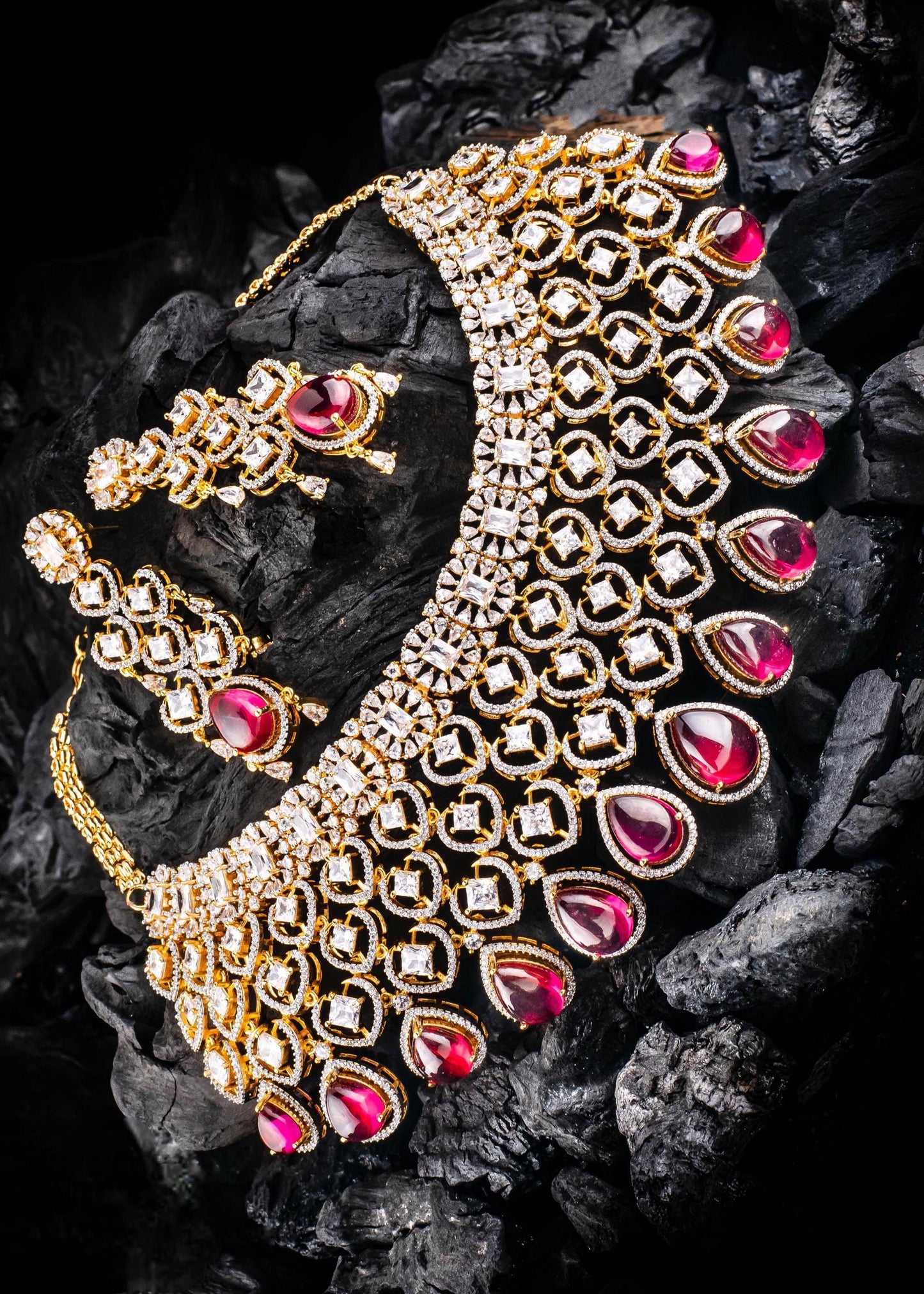 American Diamond Ruby Pink Bridal Choker Necklace Set with CZ stones| Statement Wedding Choker and Earring set|Indian Jewelry Gift for Her