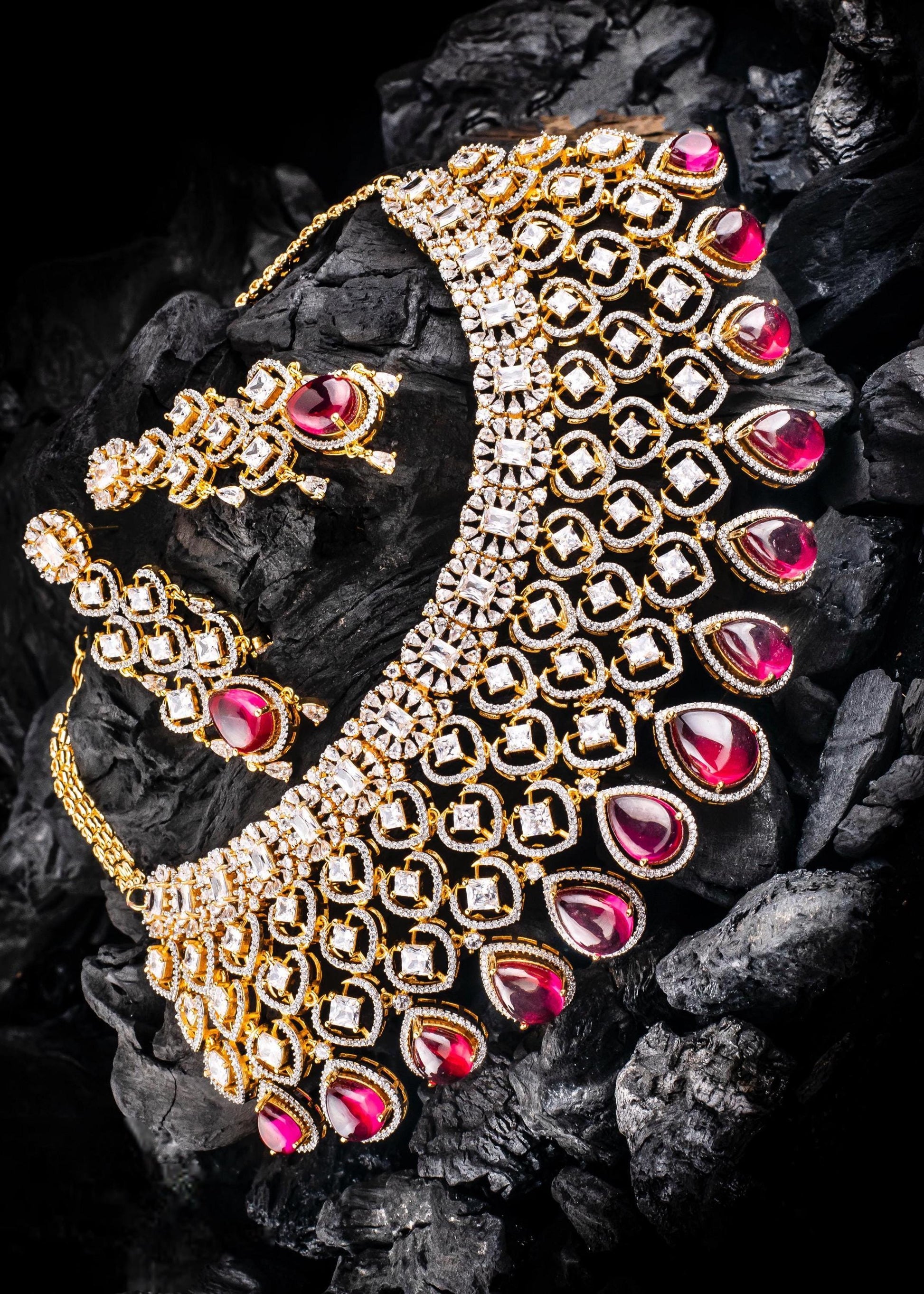 American Diamond Ruby Pink Bridal Choker Necklace Set with CZ stones| Statement Wedding Choker and Earring set|Indian Jewelry Gift for Her