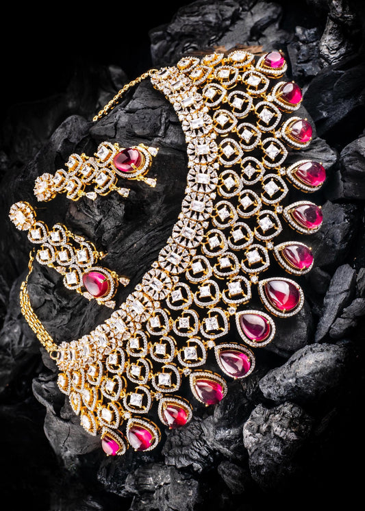 American Diamond Ruby Pink Bridal Choker Necklace Set with CZ stones| Statement Wedding Choker and Earring set|Indian Jewelry Gift for Her