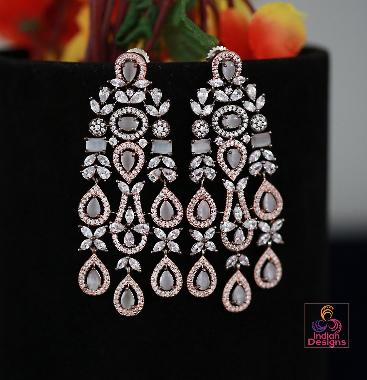 Rose gold & black tone chandelier earrings| long drop american diamond earrings| indian party wear dangle earrings| grey stone earrings