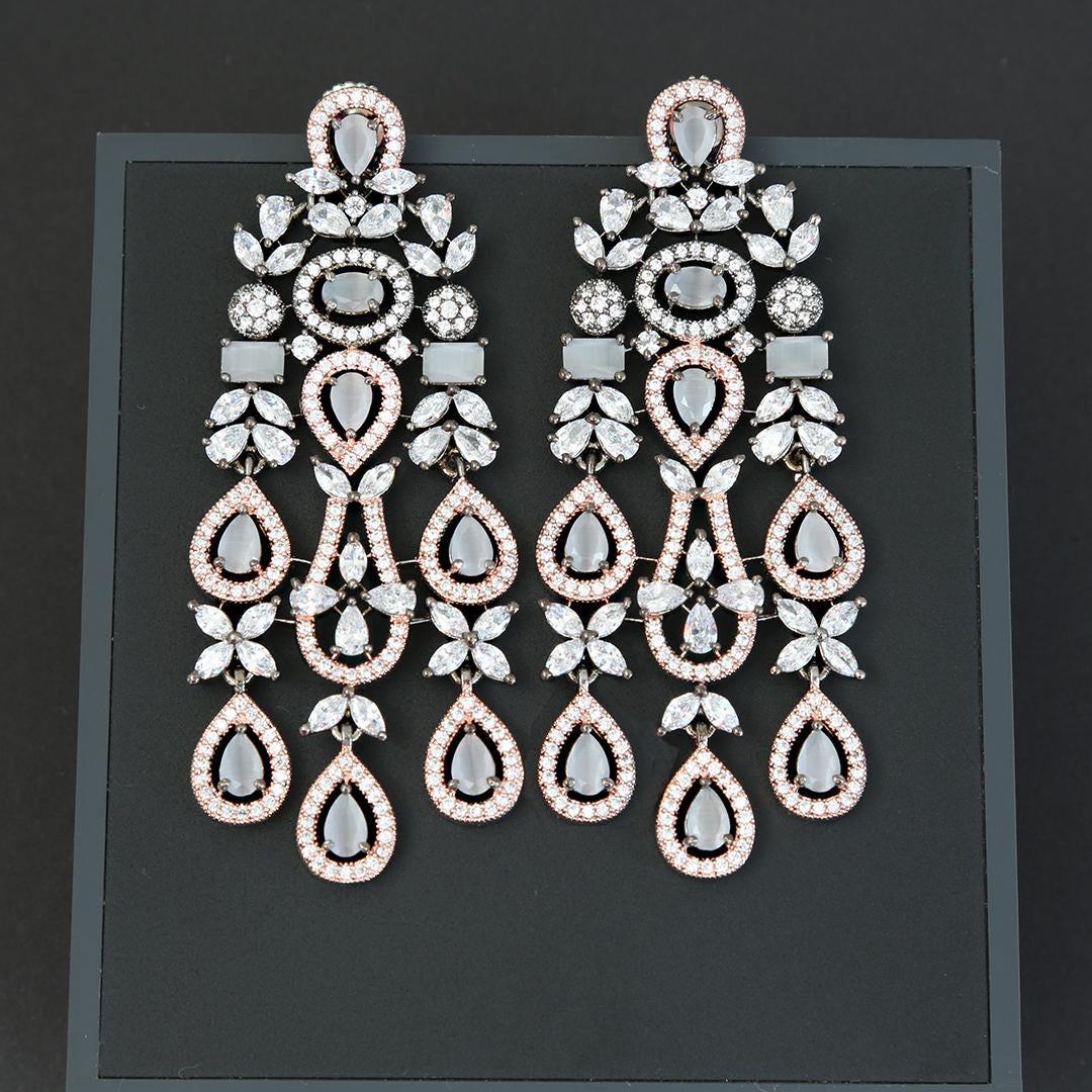 Rose gold & black tone chandelier earrings| long drop american diamond earrings| indian party wear dangle earrings| grey stone earrings