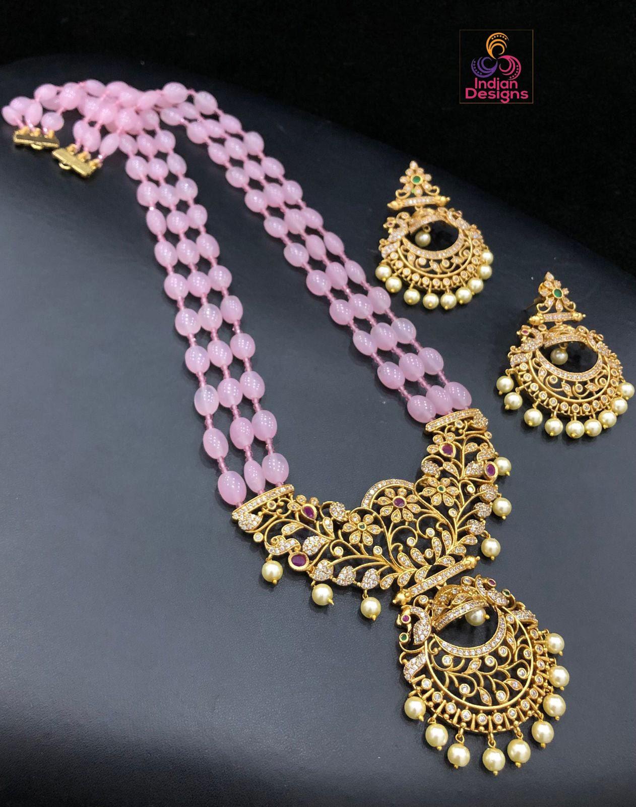 Exclusive matte gold CZ American Diamond Pendant with Semiprecious beaded necklace
