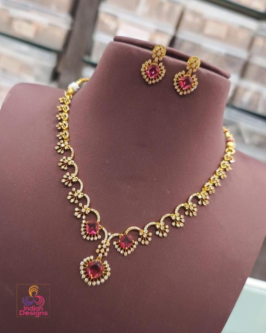 Floral american diamond necklace set| gold plated wedding & party jewelry| available in pink, mint green, green stone| party wear necklace