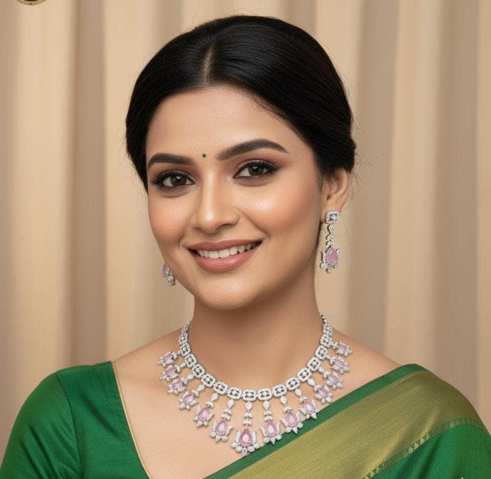 American diamond necklace set &earrings| teardrop ad stone silver necklace| green / pink / ruby / white bridal wedding jewelry| gift for her