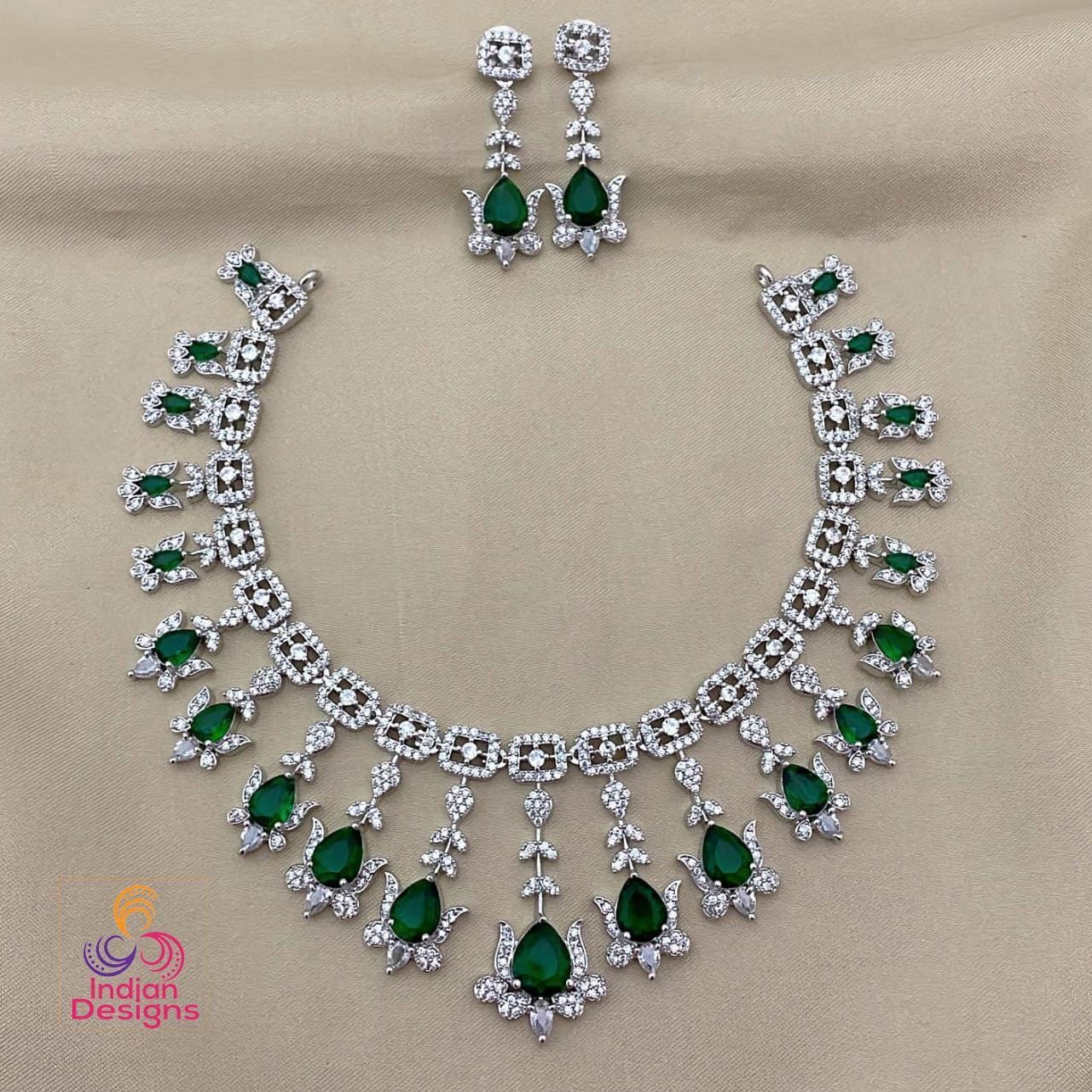 American diamond necklace set &earrings| teardrop ad stone silver necklace| green / pink / ruby / white bridal wedding jewelry| gift for her