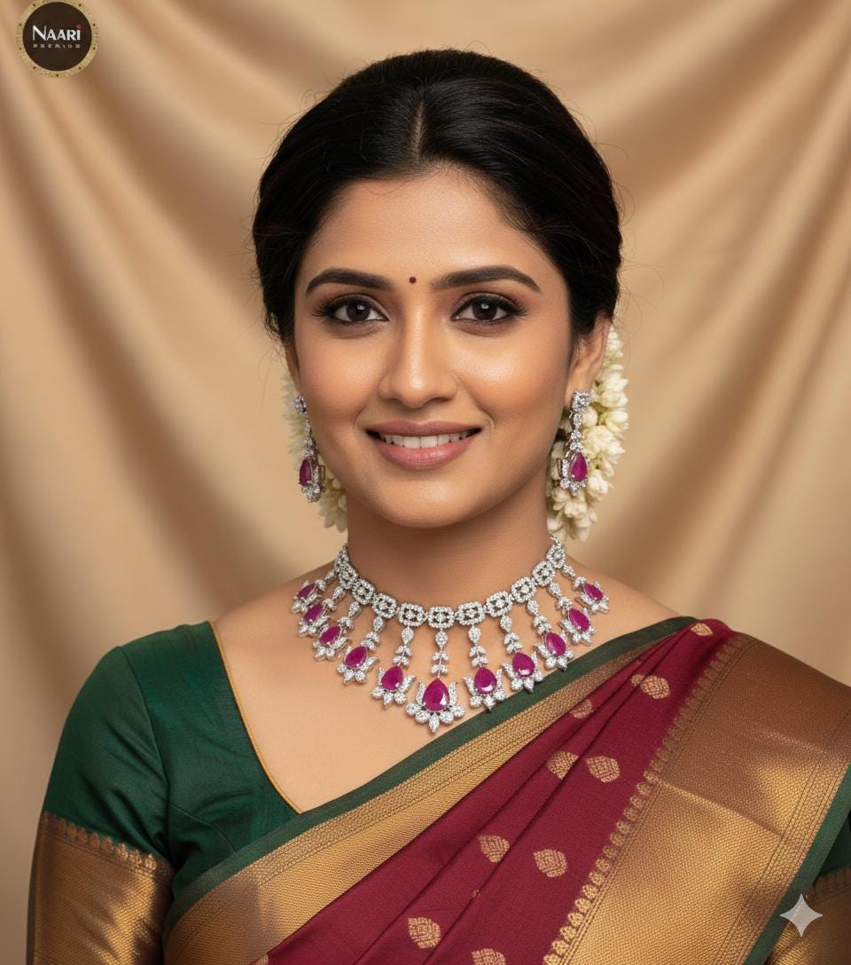 American diamond necklace set &earrings| teardrop ad stone silver necklace| green / pink / ruby / white bridal wedding jewelry| gift for her