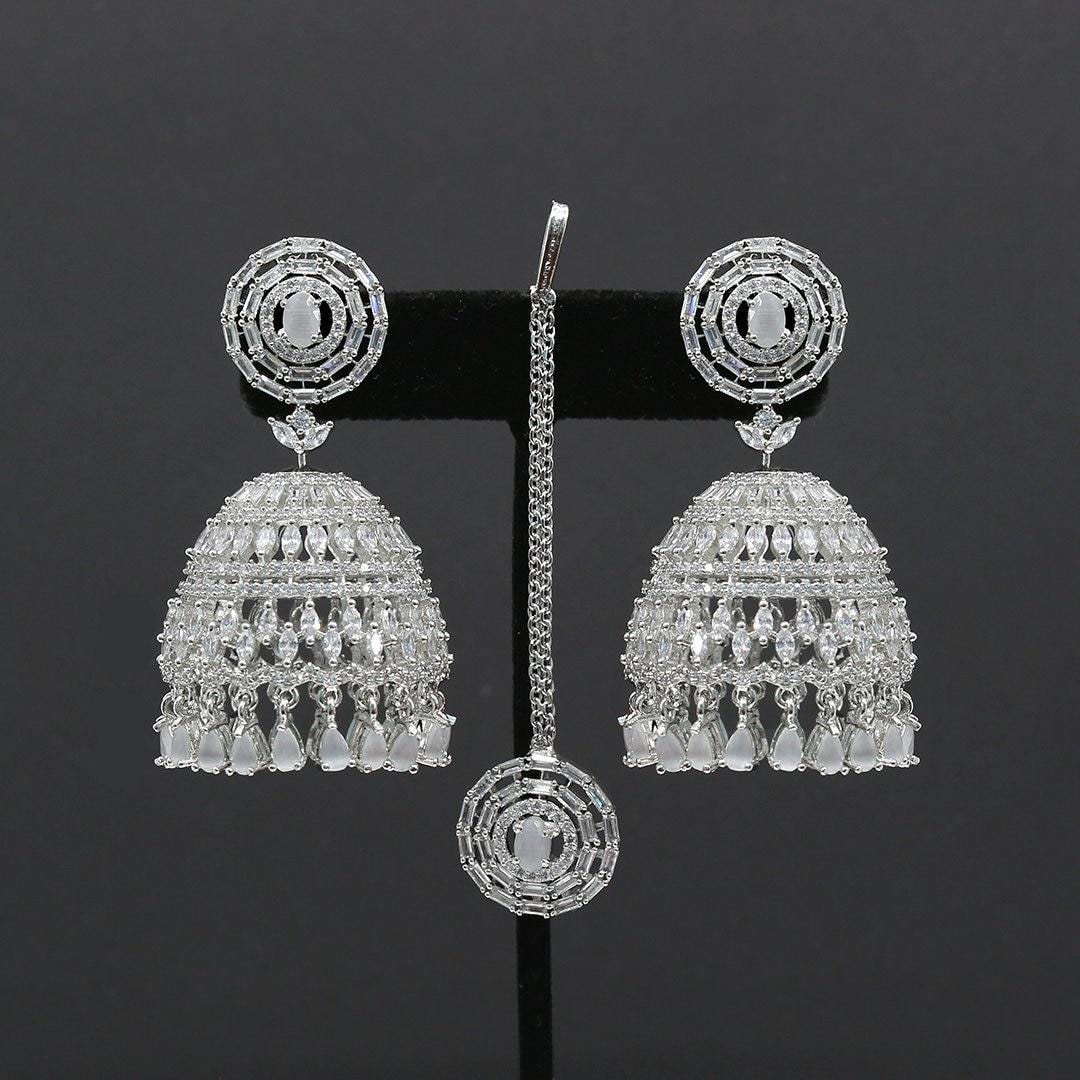 Large silver Jhumki Tikka set with American Diamond Indian Jhumka Jhumki | Bridal Maang tikka earring set | Indian wedding Jewelry online