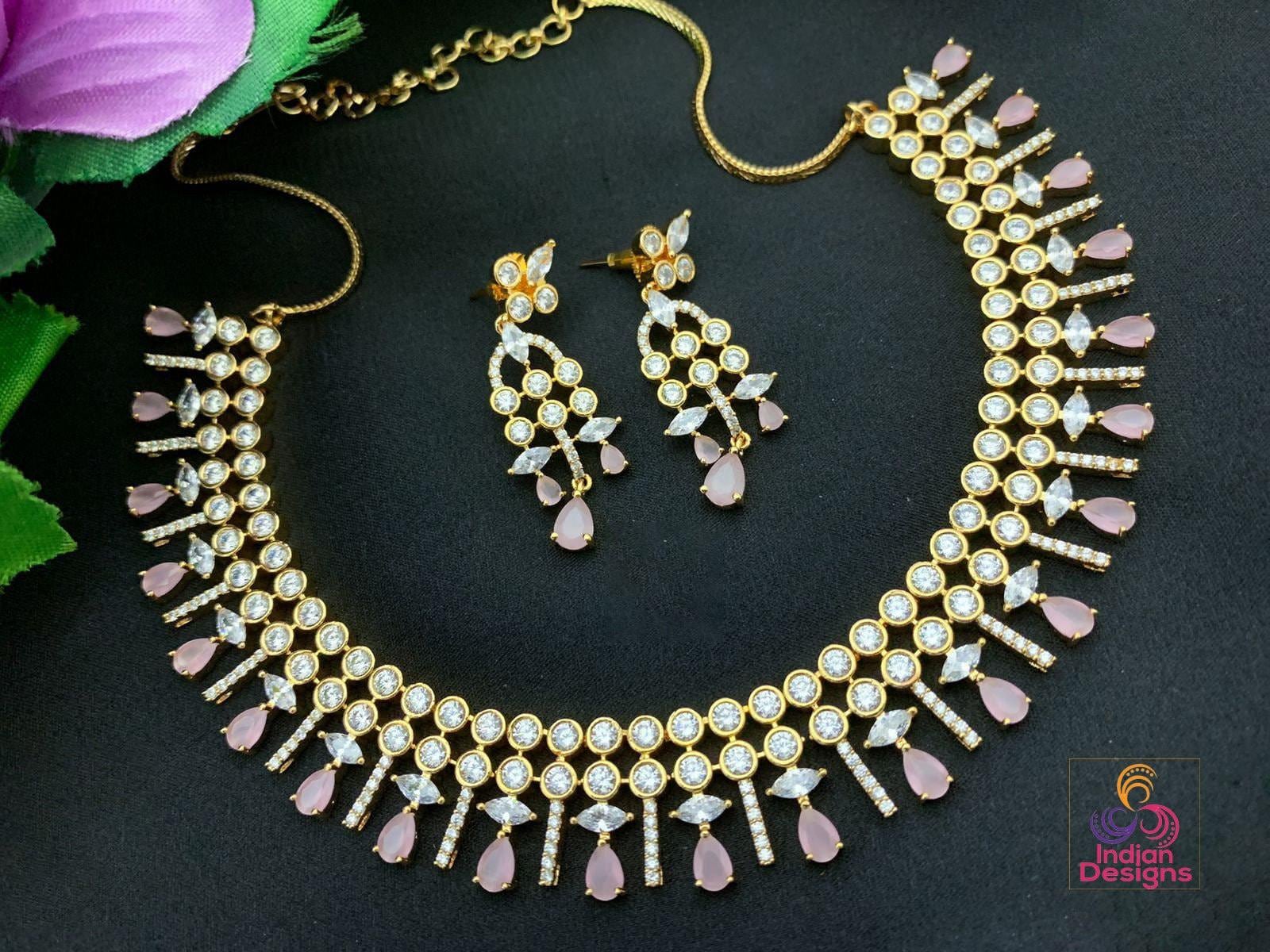 Gold-plated Pink American diamond necklace jewelry | Rose quartz crystal necklace | statement necklace and earring set | Indian Designs