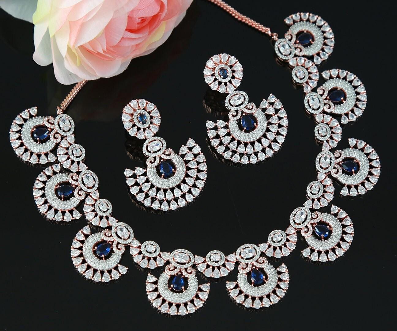 Rose Gold American diamond necklace set | Indian wedding jewelry for bride | Mint green statement necklace | Golden diamond circle necklace