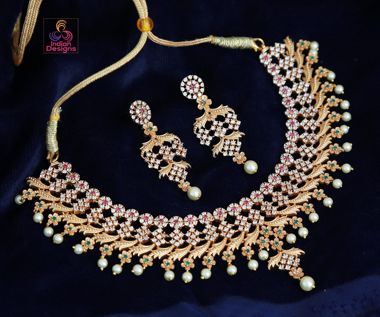 Matte Finish South Indian Choker necklace Floral design with American Diamond, Ruby and emerald stones