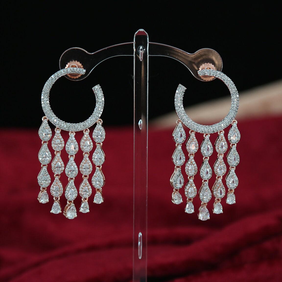 Earrings for women| chandelier earrings diamond in Rose Gold Finish | multi strand dangle earrings | indian wedding earrings online shopping