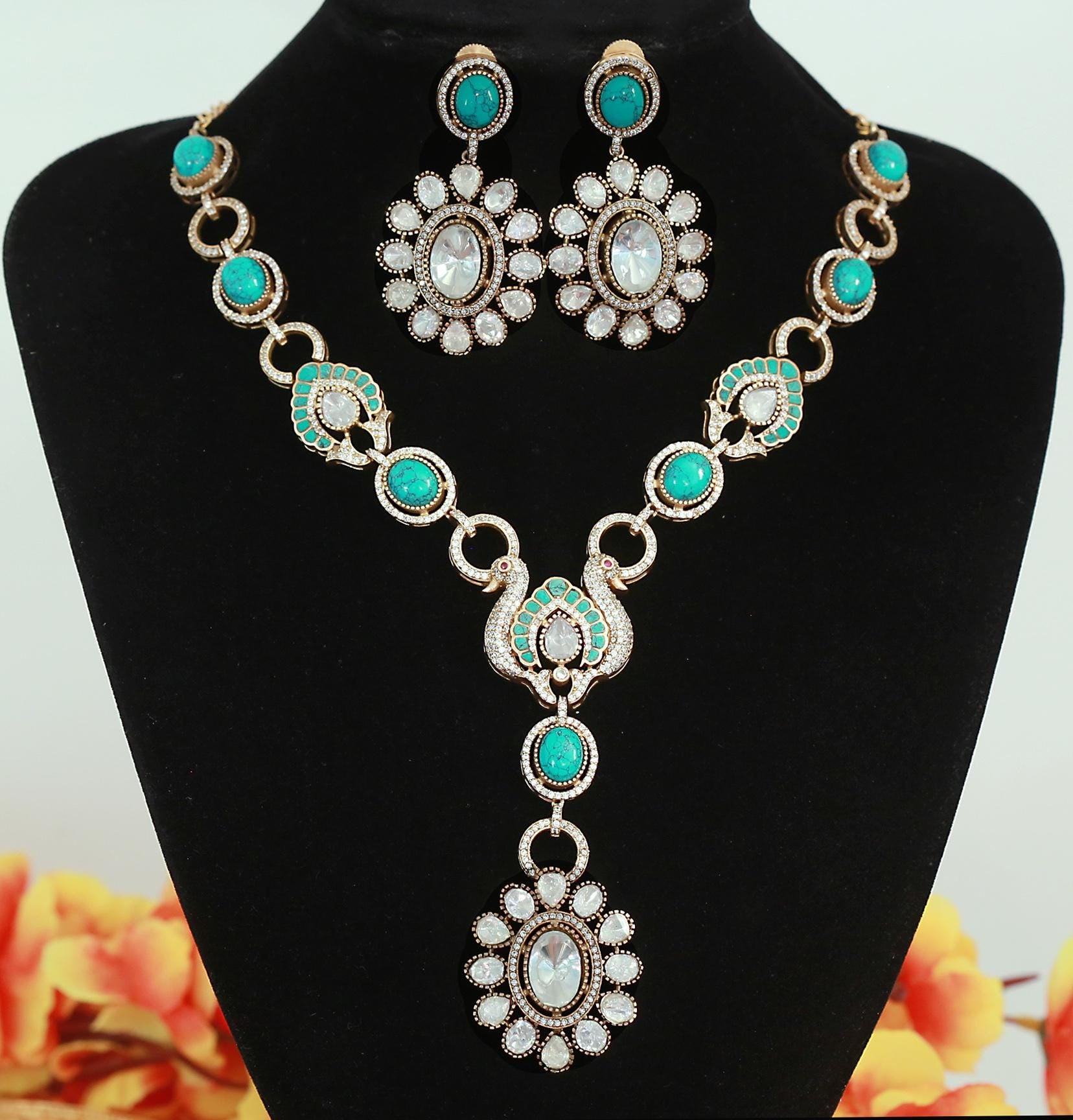 Victorian Gold Turquoise Doublet stone Moissanite Polki Kundan Necklace set|Sabyasachi Inspired Jewelry|Gift for her|Statement necklace set