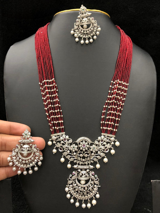 Multi-Strand Silver Pendant Necklace Set with Matching Earrings - Available in Green, Red, and Black Beads| Statement silver necklace