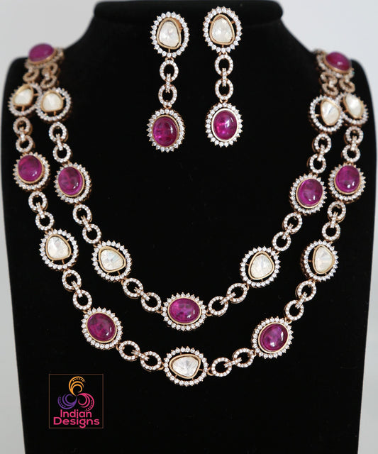 Doublet stone moissanite polki necklace & earring set| victorian gold emerald and pink kundan sabyasachi statement necklace set|gift for her