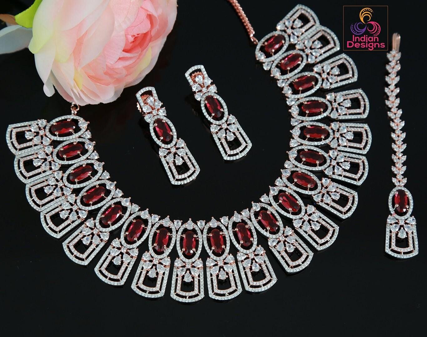 Rose Gold American Diamond Necklace Jewelry | Earring Mang Tikka set | in Pink-Mint Green Oval stones studded with real teardrop crystals