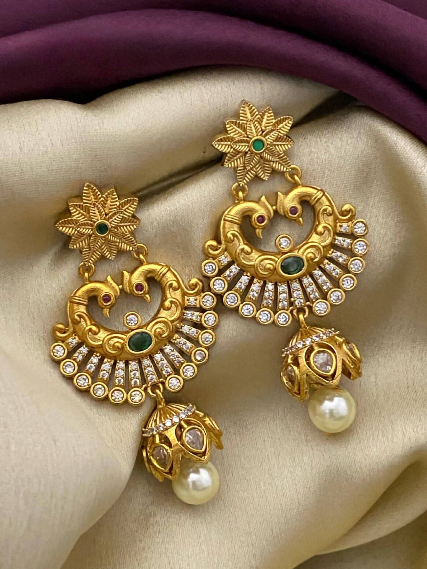 Matte Gold Finish Chandbali Earrings with Emerald and Pearl drops | Traditional Indian jewelry | Bollywood Style Drop and Dangle Earrings