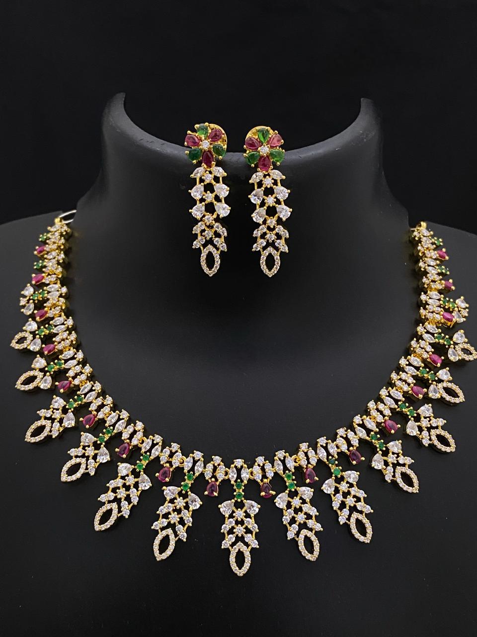 Gold Plated American Diamond Dainty Necklace and Earrings| Emerald Ruby CZ Diamond choker| Indian jewelry| Statement Necklace| Gift for her