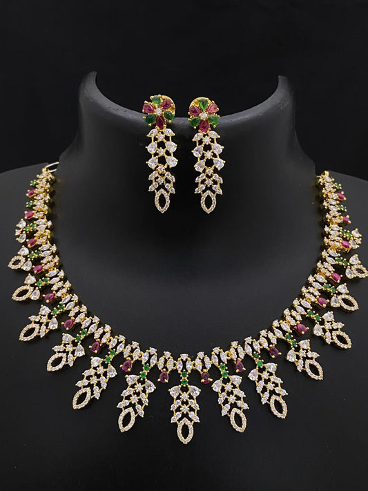 Gold Plated American Diamond Dainty Necklace and Earrings| Emerald Ruby CZ Diamond choker| Indian jewelry| Statement Necklace| Gift for her