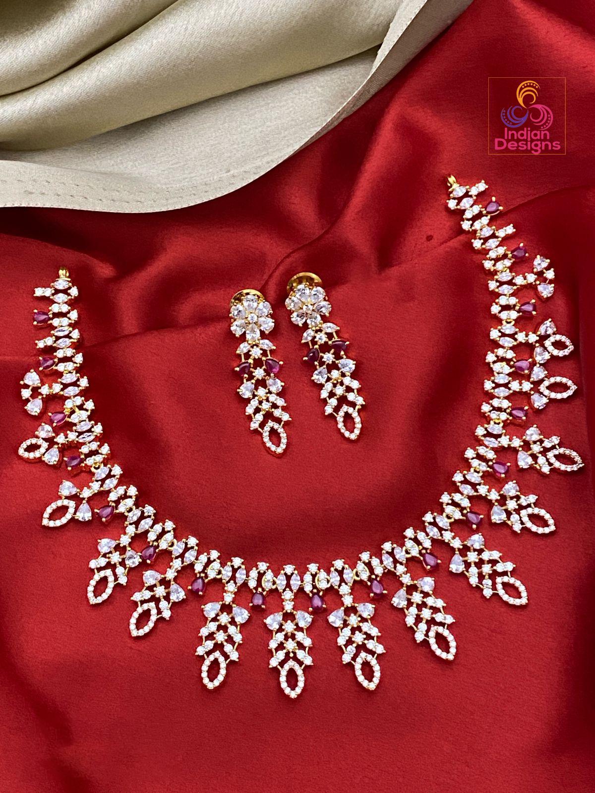 Gold Plated American Diamond Dainty Necklace and Earrings| Emerald Ruby CZ Diamond choker| Indian jewelry| Statement Necklace| Gift for her