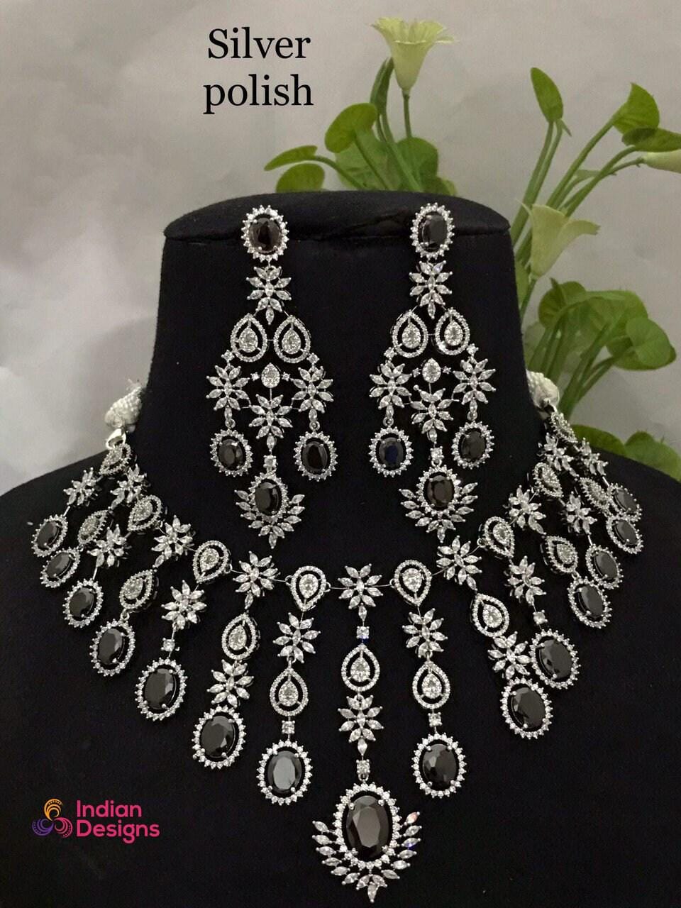 American diamond Bridal necklace set-Silver Plated | Cz Choker necklace for wedding | Unique Design Cubic Zirconia wedding necklace set